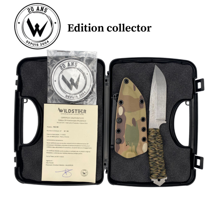 COUTEAU OUTDOOR WILDSTEER NG 69 SPECIAL 20 ANS LAME STONEWASH MANCHE PARACORDE MULTICAM