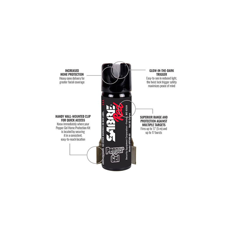 Sabre Red - Home defense gel PF80 - Home defense gel - Support mural - Gâchette fluorescente - 73,9mL