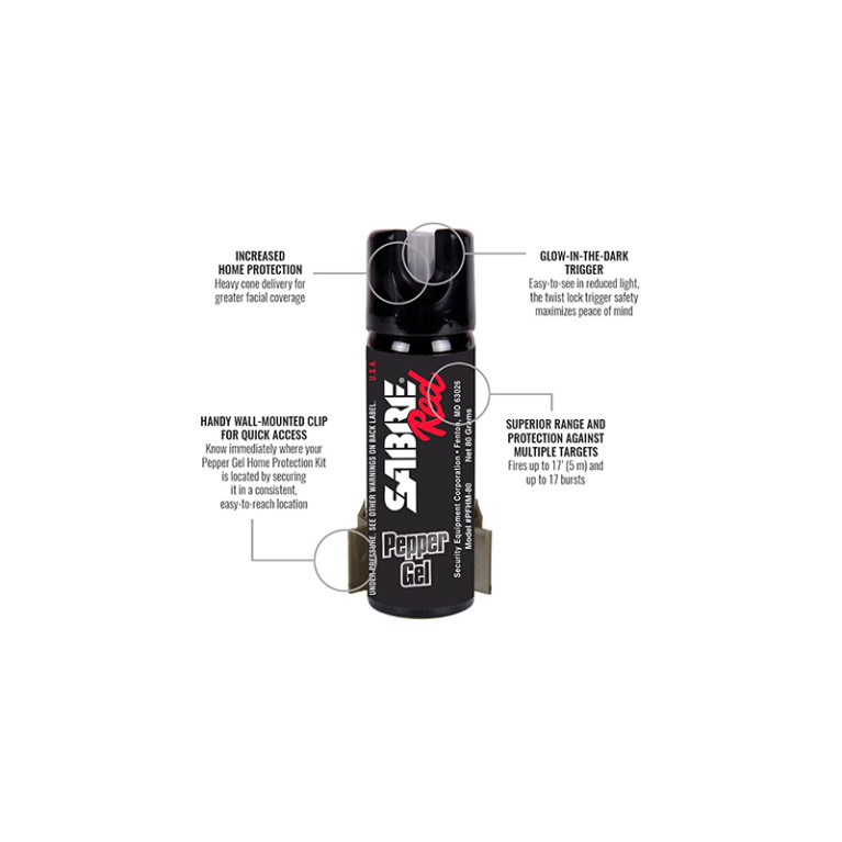 Sabre Red - Home defense gel PF80 - Home defense gel - Support mural - Gâchette fluorescente - 73,9mL