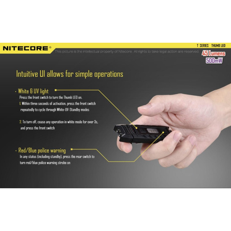 Lampe cravate NITECORE Thumb - 45Lm - Lg : 74m - Lrg : 24mm