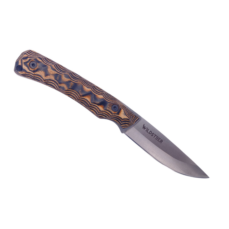 COUTEAU DE POCHE TROLL WILDSTEER PLIANT MANCHE PAKAWOOD MARRON TOXIFIÉ LAME BROSSÉE