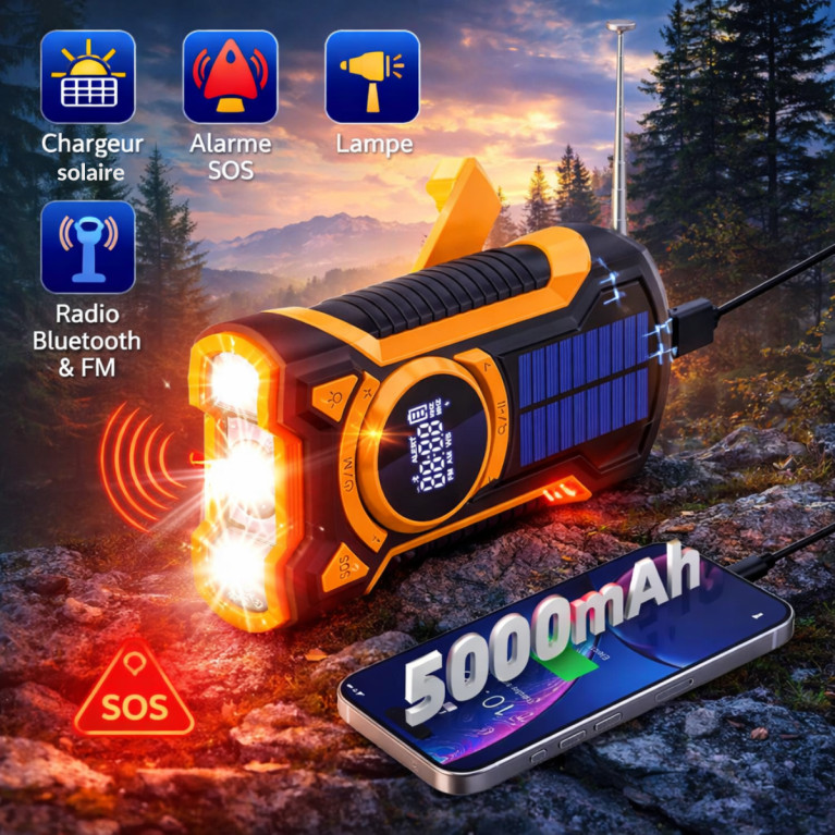 RADIO D'URGENCE FM/BLUETOOTH AVEC LED ET BATTERIE EXTERNE SOLAIRE