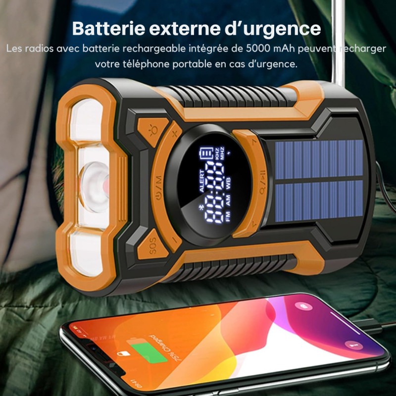 RADIO D'URGENCE FM/BLUETOOTH AVEC LED ET BATTERIE EXTERNE SOLAIRE