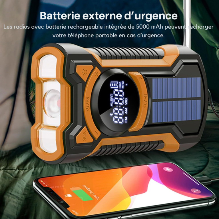 RADIO D'URGENCE FM/BLUETOOTH AVEC LED ET BATTERIE EXTERNE SOLAIRE