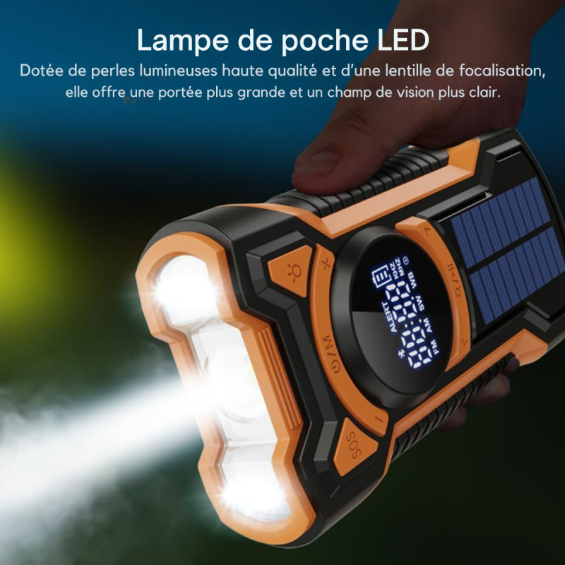 RADIO D'URGENCE FM/BLUETOOTH AVEC LED ET BATTERIE EXTERNE SOLAIRE